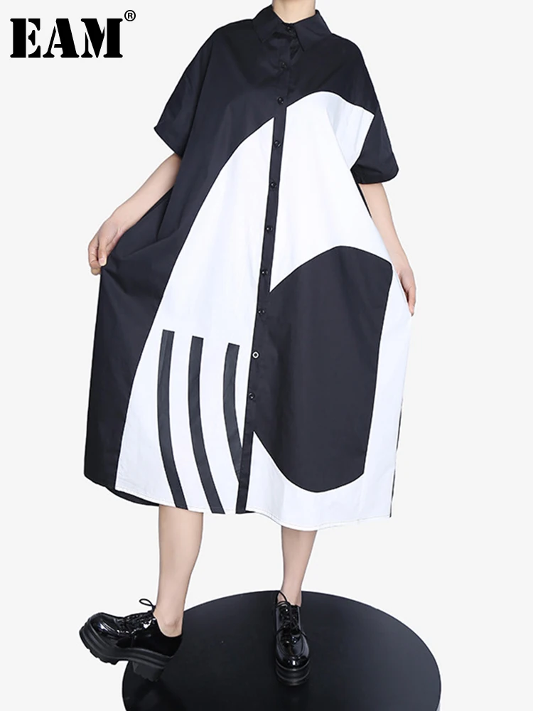 

[EAM] Women Black Pattern Printed Big Size Shirt Dress New Lapel Half Sleeve Loose Fit Fashion Tide Spring Summer 2022 1DE6793