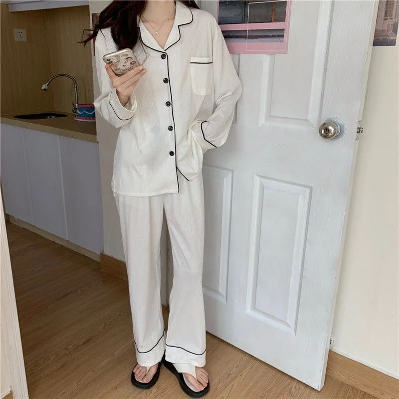 QWEEK Korean Sleepwear Women's Pajamas 2021 Home Clothes Set for Girls Suit White Long Sleeve Pijama Homewear Nightie Pyjamas