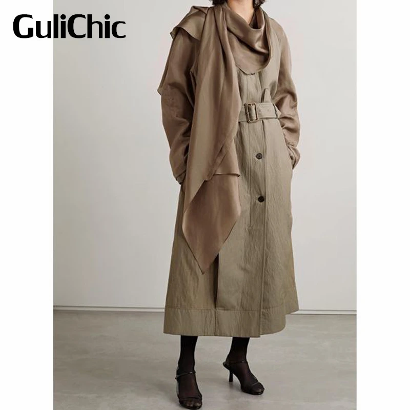 

9.2 GuliChic Women Fashion Stand Collar Single Breasted Ribbons Spliced With Belt Collect Waist Long Trench Coat