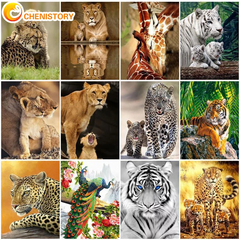 

CHENISTORY 5D DIY Diamond Painting Animals Lion Tiger Cross Stitch Kit Full Drill Round Embroidery Mosaic Art Picture Of Rhinest
