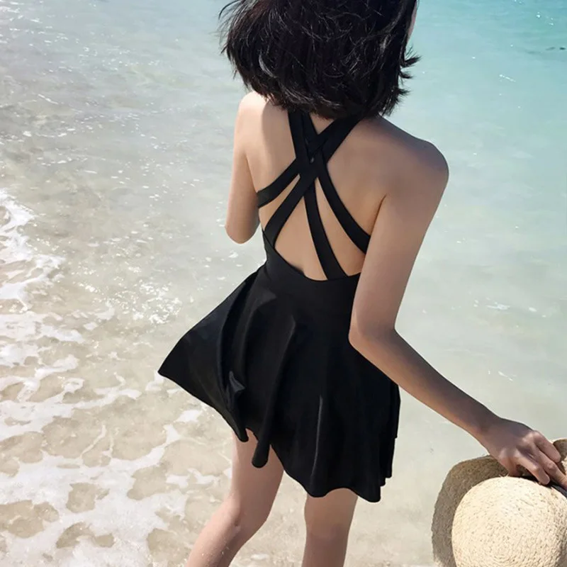 

South Korea's New Black Plus Size Swimsuit Women's Fat Mm Conservative One-piece Skirt-style Boxer Was Thin Swimwear