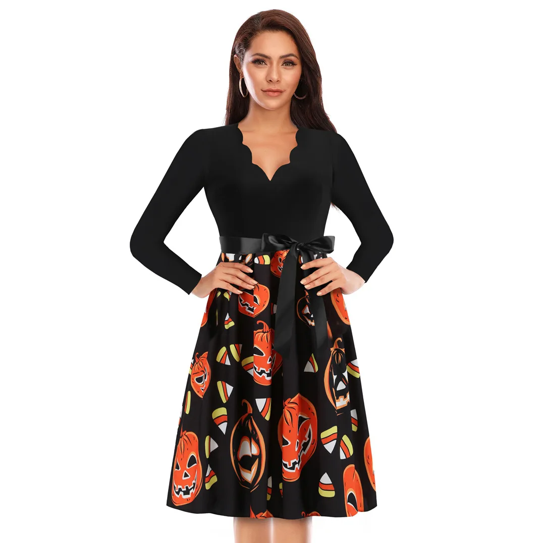 

Платье для Хэллоуина, женское коктейльное платье с длинным рукавом, платье-качели с принтом скелета и тыквы, костюм для косплея и вечеринки