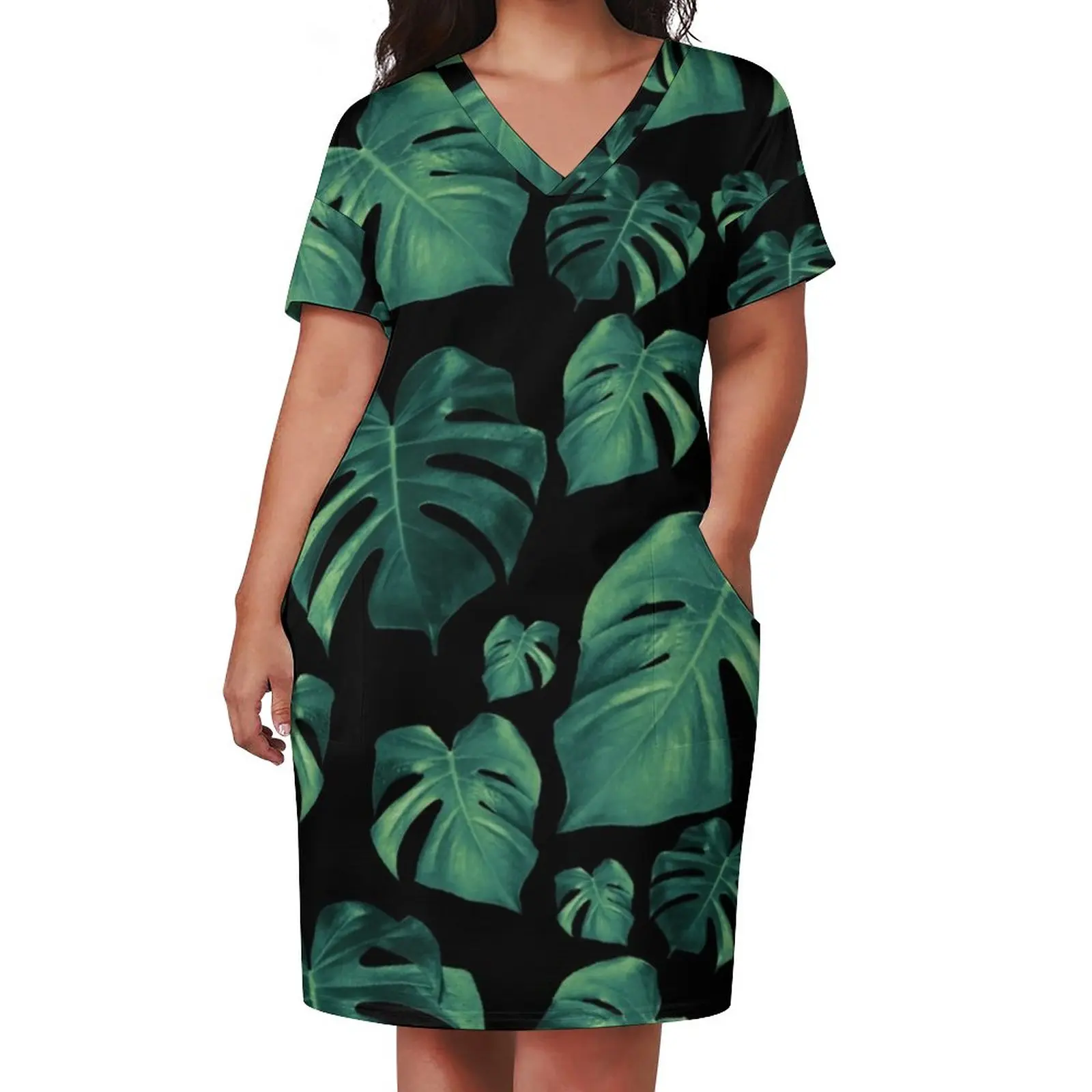 Tropical Monstera Dress V Neck Green Leaves Print Kawaii Dresses Street Fashion Graphic Casual Dress With Pockets Plus Size 5XL