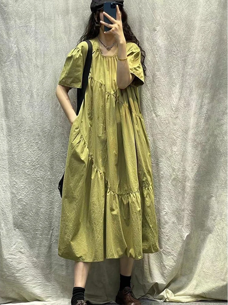 

Summer Women's Dress Casual Loose Blended Cotton Dresses for Women 2023 Korean Fashion Streetwear Vintage Long Dresses Robe