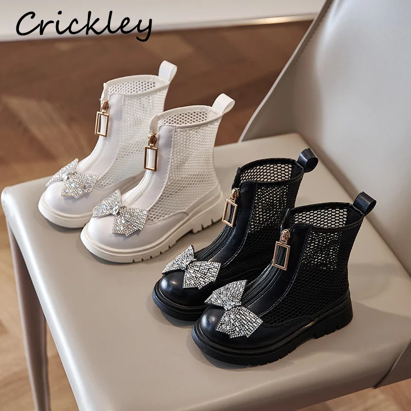 

Spring Summer Girls Fashion Boots Rhinestones Bow Mesh Breathable Kids Ankle Shoes Zipper Soft Non Slip Children Chelsea Boots