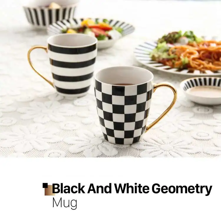 

Xícara de café de cerâmica, tira francesa de cerâmica dourada para chá, novo aquecimento para casa casamento preto e branco