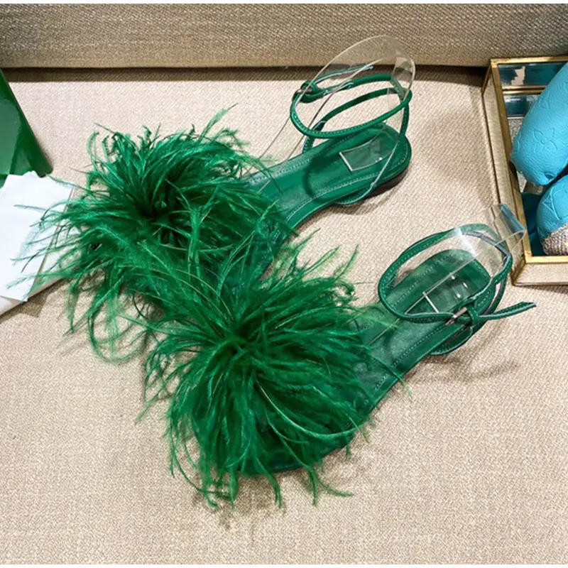 

2022 Summer Women's Sandals Feamle Feather Thin High Heels Shoes Ladies Round Toe Ankle Buckle Straps Fashion Concise Footwear