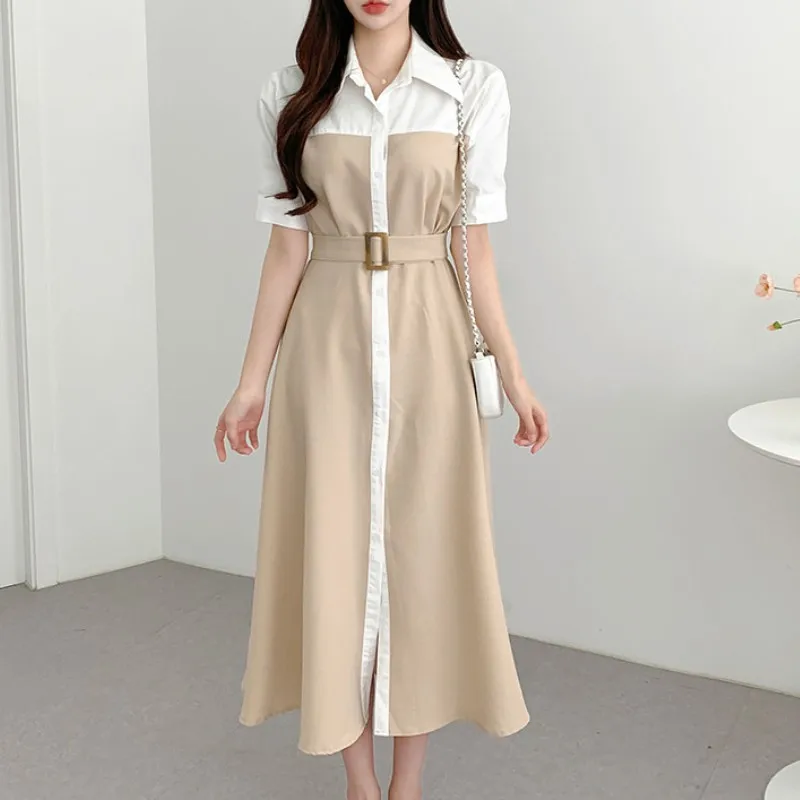 

2023 Summer Korean Fashion Hit Color Stitching Shirt Dress For Women Temperament Single-breasted Office Lady Casual Midi Dress