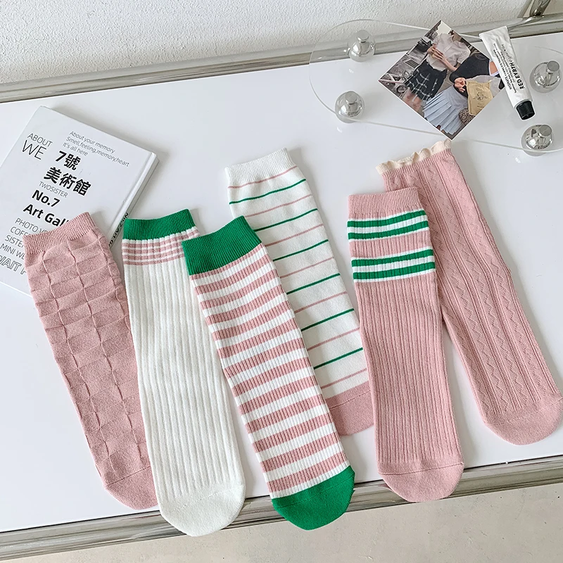 

Fashion Socks For Women 1 Pair New Autumn Winter Korean Style Striped Socks Female Breathable Fresh Cute Long Pile Socks Cotton