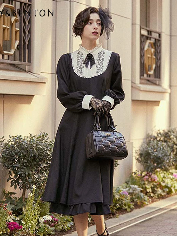

French Retro Elegant Embroidered Neckline Dress Elegant Women's High Waist Long Dress Female Japanese Style Dress