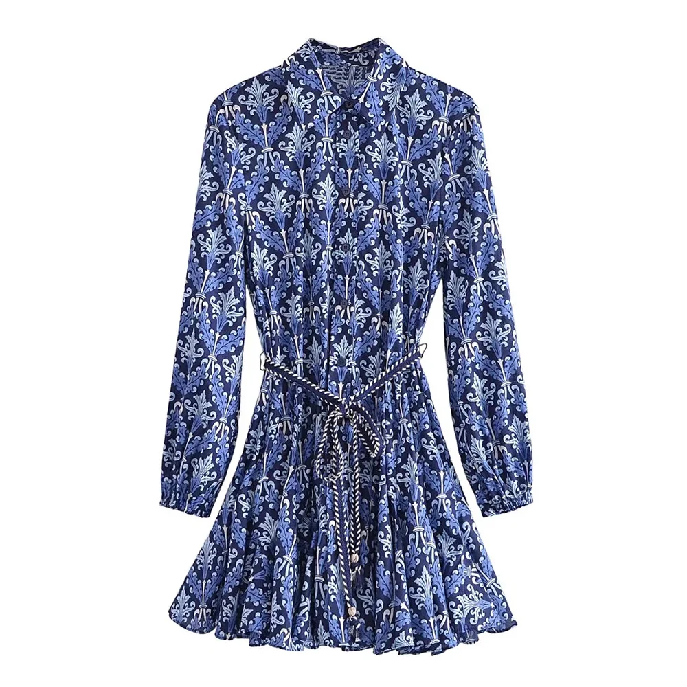 

xikom 2022 Women Vintage Court Flower Print Mini Shirt Dress Office Lady Chic Long Sleeve Lace Up Big Swing Vestidos Mujer
