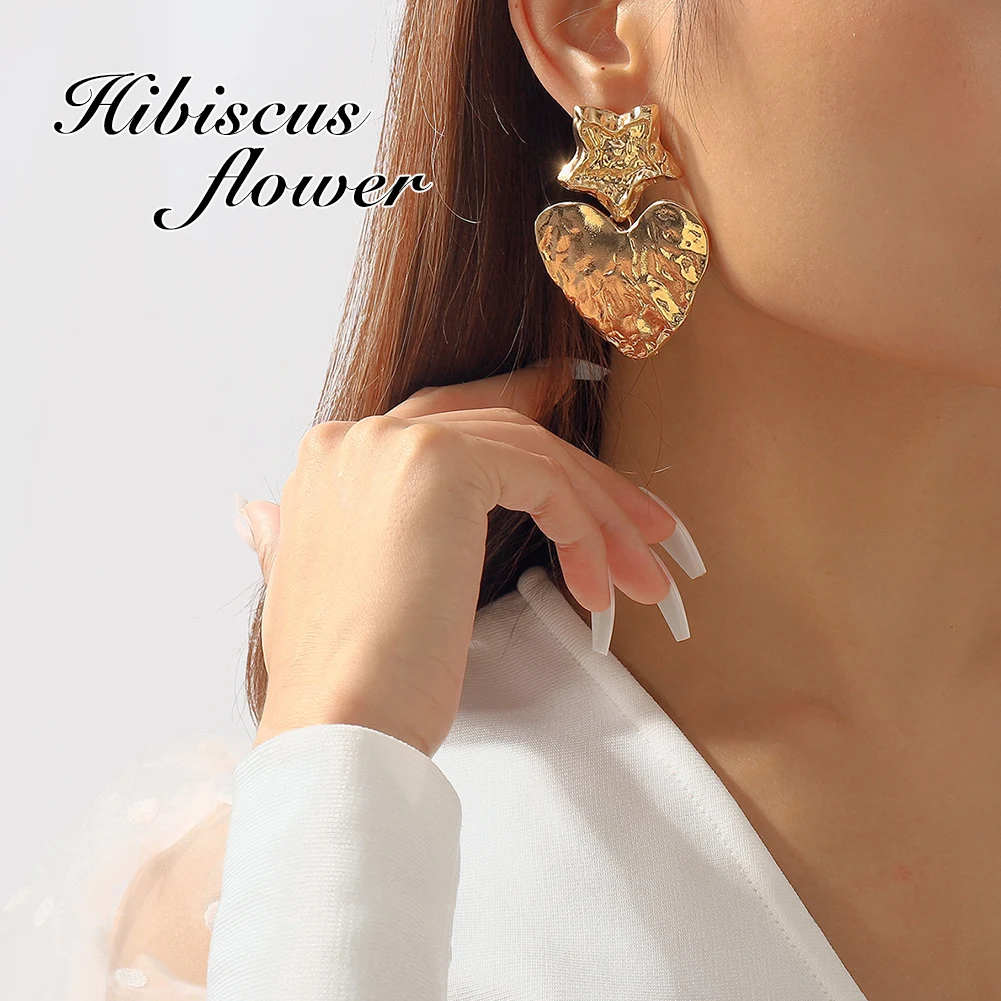 

Hibiscus Flower Heart Star Earings Gold Color Gifts Exaggerated Earrings for Women 2023 Trending Original and Funny Earring