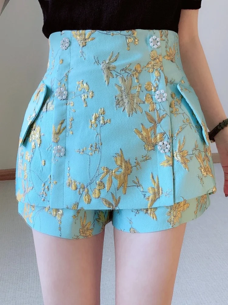 High Waist Embroidered Wide Leg Shorts for Women 2023 Summer New Beaded Double Breasted A- Line Shorts Culottes Female