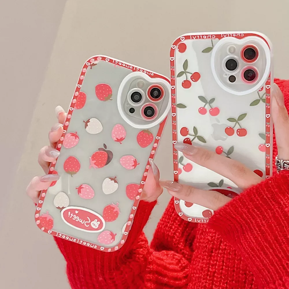 

Factory Direct Selling For iPhone 11 12 13 Pro Max XR XS Max X Love Heart Camera Protection Clear Silicone Bumper Cherry Straw