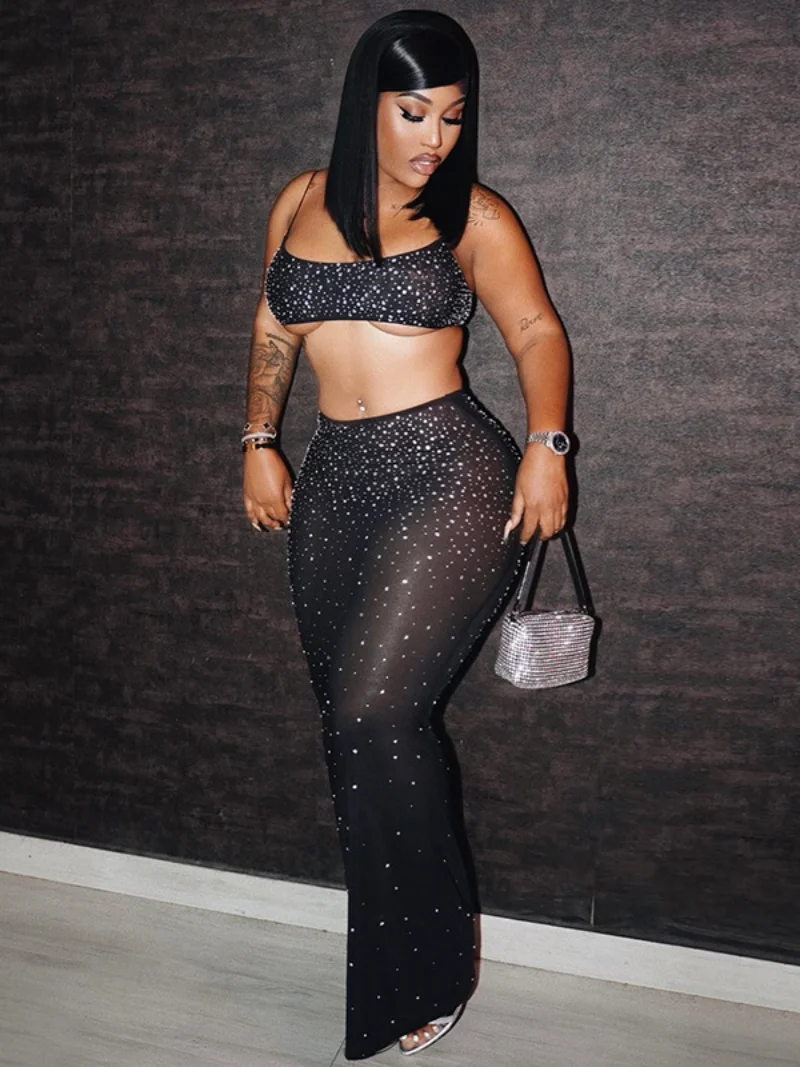 

Sexy Woman Two Pieces Outfits Rhinestones Dresses Super-short Camisoles+long Skirts Black See-through Night Club Female Suit