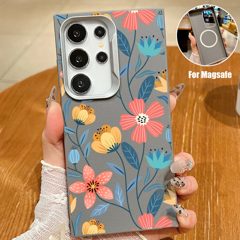 Leather Texture Colorful Flowers Phone Case For Magsafe Samsung Galaxy S24 S23 S22 Ultra Plus FE Magnetic Soft TPU Cover