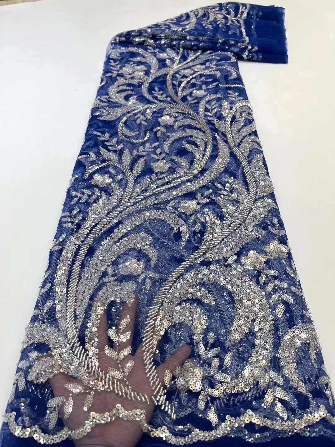 

African New Arrival Royal Blue Luxury Beads Tulle Lace French High Quality Handmade Sequin Net Fabric Nigerian For Bride Dress