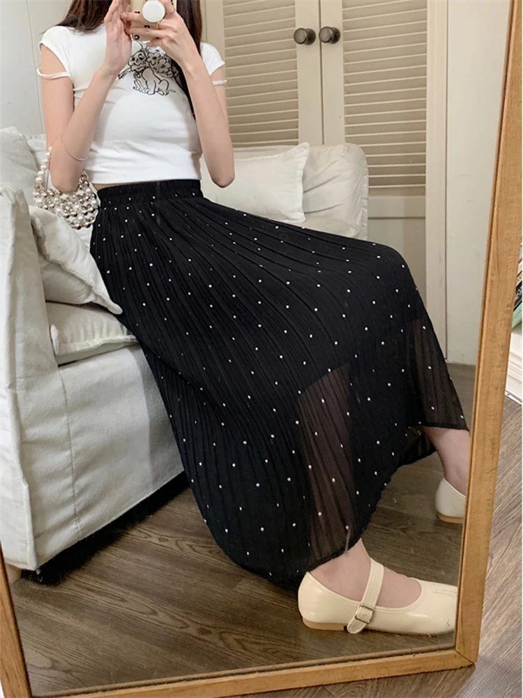 Летняя плиссированная юбка в горошек женские эластичные драпированные длинные