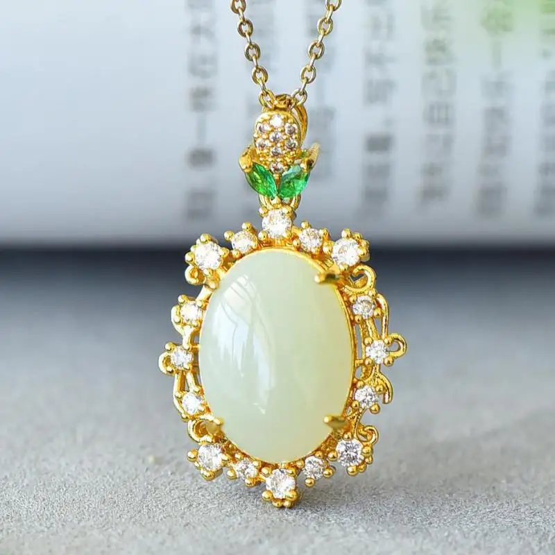 

Natural White Jade Pendant Necklace Women Fine Jewelry Genuine Hetian Jades Nephrite Charm With Zircon Emerald Bronze Necklaces