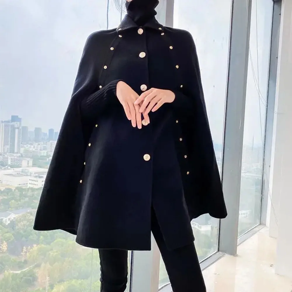 

Black Cloak Coats Women Autumn Winter 2022 Mid-length Loose Wool Blend Ladies Shawl Elegant Thicken Woolen Cape Jackets Outwear