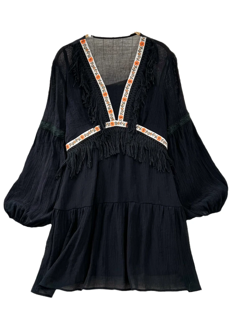 Платье с бахромой в стиле пэчворк для отпуска милое свободное платье-трапеция