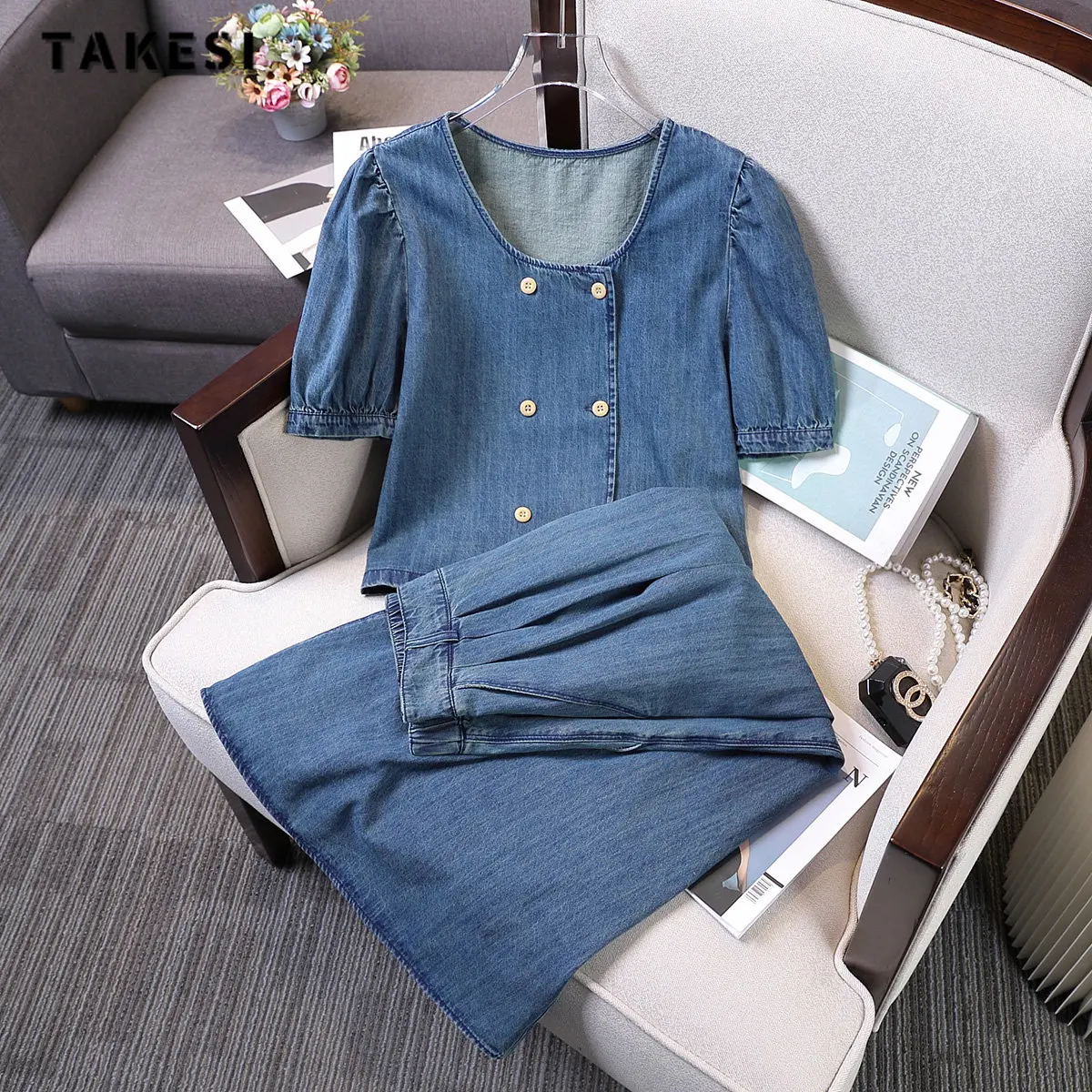 

2023 Summer Basic Casual Denim Skirt 2 Piece Set Women Short Sleeve Single Breasted Top+A-line Skirt Vintage Two Piece Skirt Set