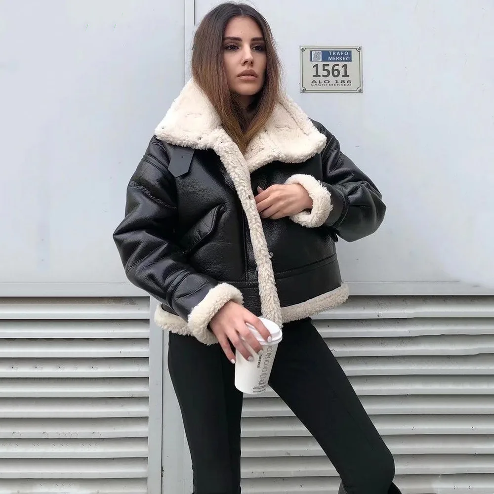 

2022 Winter New Women's Clothing Commuter All-match Warm Thick Inner Fleece Imitation Leather Jacket Jacket