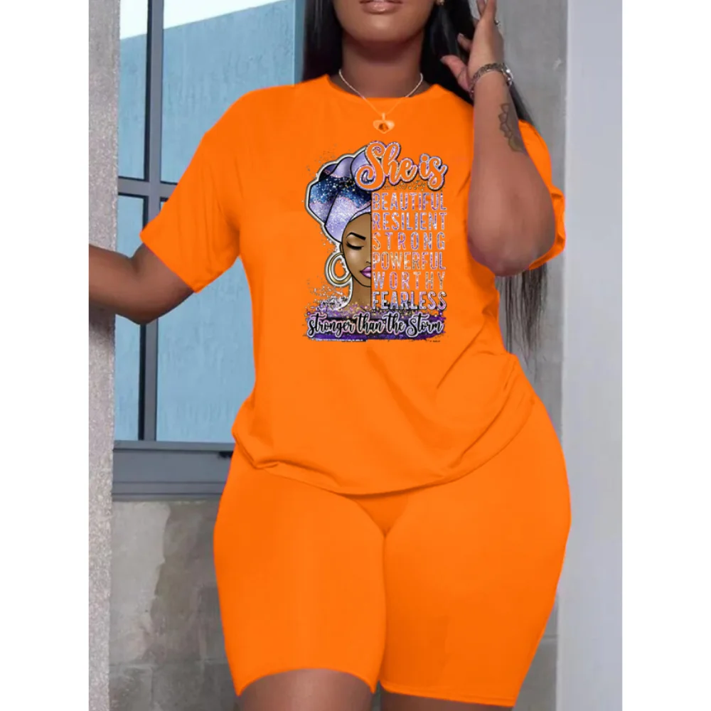 

HLJ&GG Casual Pattern Printing Two Piece Sets Women Round Neck Short Sleeve Tshirt + Shorts Tracksuits Summer Sporty 2pcs Outfit