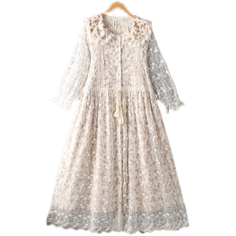 Summer   New Women  Lace   Cotton   Flower Loose Dress  Doll Midi Dress