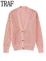 traf pink knit cardigan sweater women long sleeve oversize sweaters for women streetwear cardigan fashion women sweaters 2022