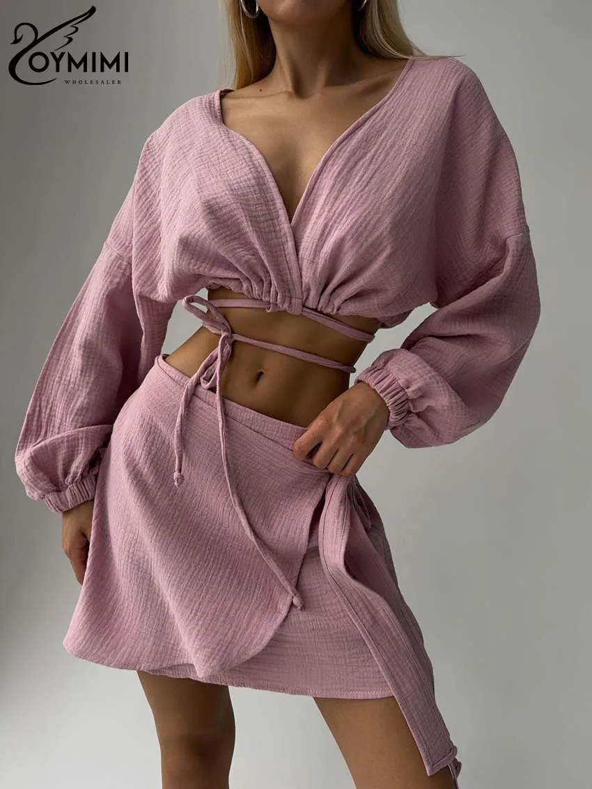 

Oymimi Elegant Pink Cotton Womens 2 Piece Outfit Set Fashion V-Neck Long Sleeve Lace-Up Crop Tops And Solid Skirts Female Sets