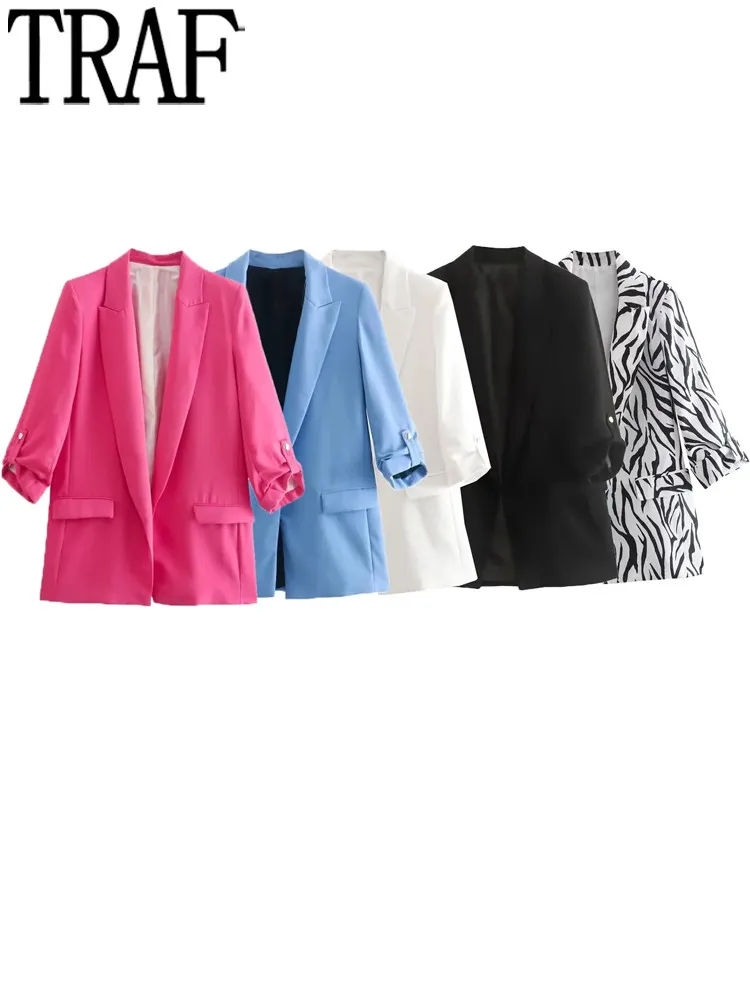 

TRAF Rosy Black Casual Blazer Woman 2022 Open Blue White Blazer Women Fashion Office Turn Up Sleeve Elegant Womens Jackets