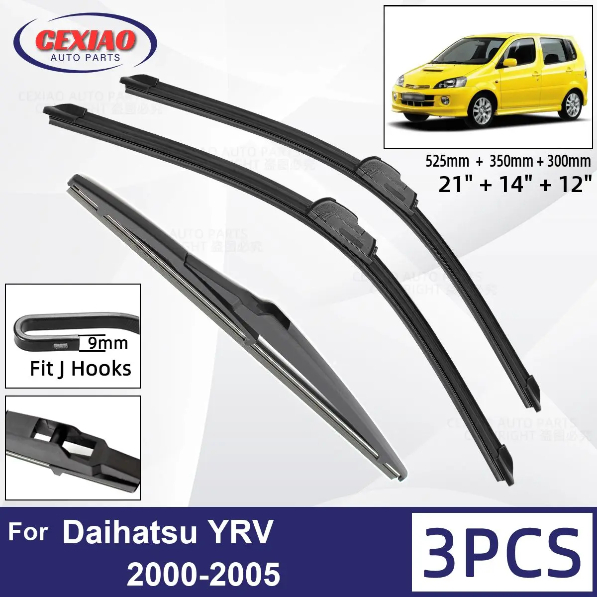 

For Daihatsu YRV 2000-2005 Car Front Rear Wiper Blades Soft Rubber Windscreen Wipers Auto Windshield 21"14"12" 2002 2003 2004