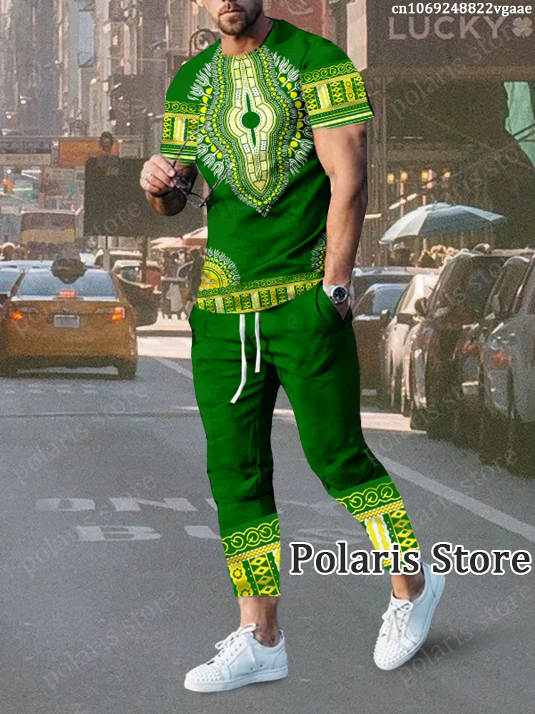 African Clothes For Men Dashiki T Shirt Trousers Traditional Wear Clothing Short Sleeve  Retro Streetwear Vintage Ethnic Style