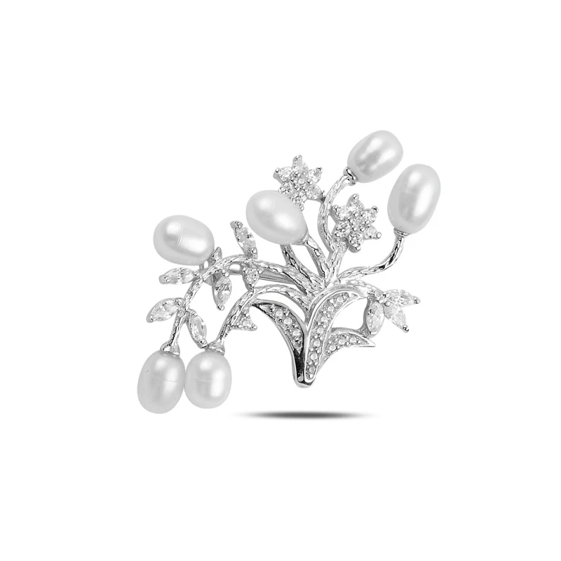 

Silver 925 Sterling Pearl & Zircon Crystal Brooch