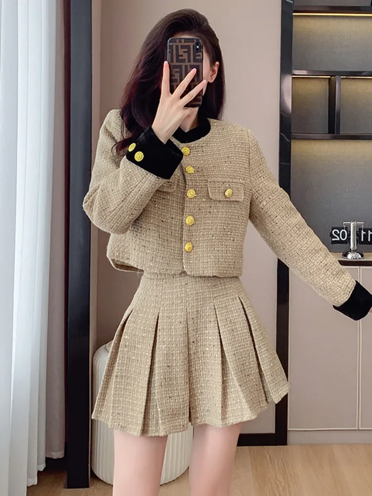 

Skirts Sets 2023 Autumn And Winter Tweed Two Piece Sets Vintage Womens Outifits Korean Fashion Long Sleeve Coat Pleated Skirt