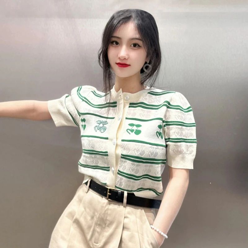 

Women Cardigan 2023 Spring and Summer New Puff Sleeve Cherry Embroidery Knitted Cardigan