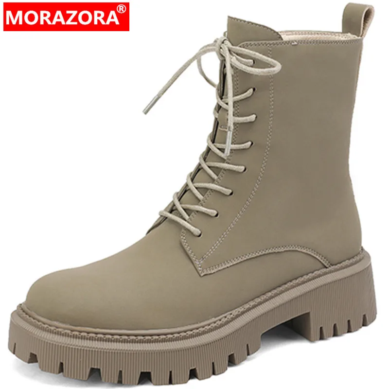 

MORAZORA 2023 New Narrow Band Platform Ankle Boots Thick Med Heels Shoes Retro Ladies Genuine Leather Women Boots