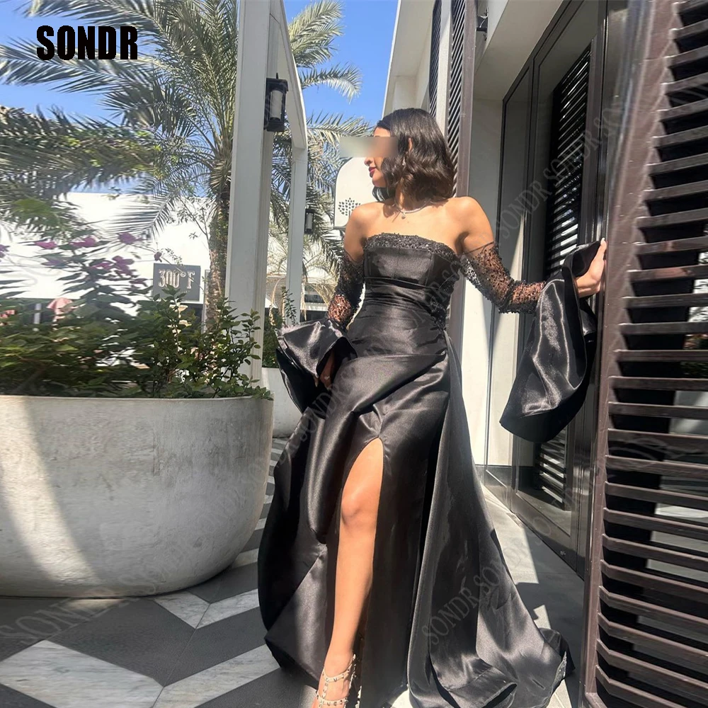 

SONDR Black Satin Shiny Sequins Side Slit Evening Party Dresses Ruffles Tiered Overskirt Long Sleeves Beads Arabic Prom Gowns