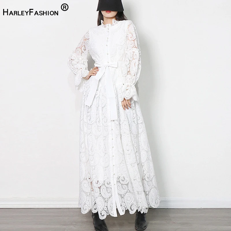 

4 Colors for Option Long Sleeve Elegant Design See-through Full Length Quality Lace Maxi Dress with Slash