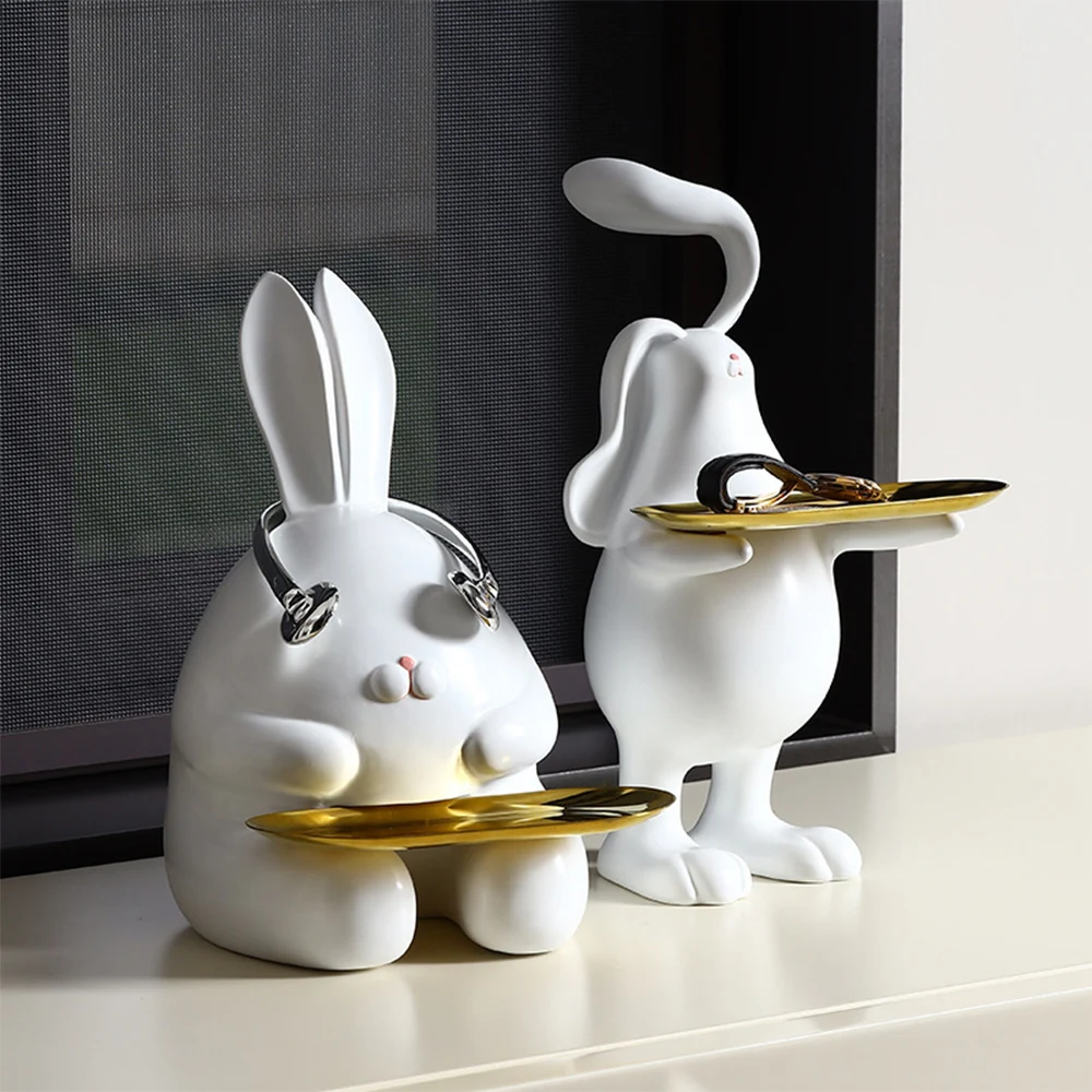 

Фигурка белого кролика в скандинавском стиле, поднос для хранения, украшение для дома, статуя животного из смолы, украшение для гостиной, по...