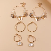 6pcs trendy gold color butterfly hoop earrings for women girls pearls crystal round circle earrings set brinco bijoux