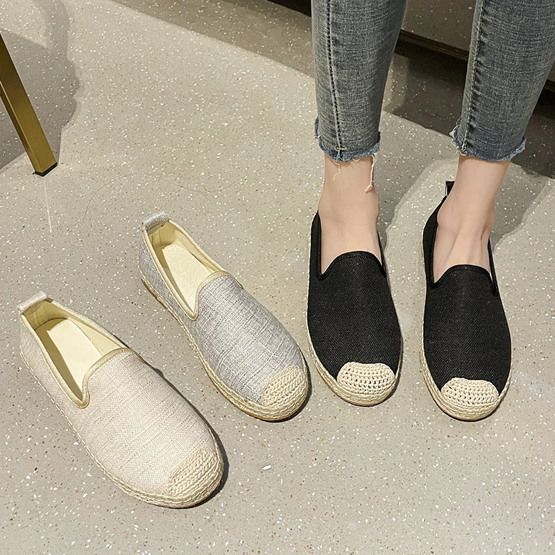 

Casual Woman Shoe Shallow Mouth Tennis Female Flax Modis Loafers With Fur Slip-on All-Match Round Toe Flats Breathable Linen 202