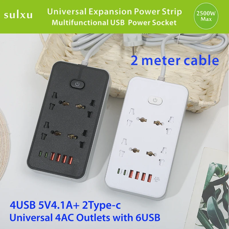 

New fashion 4AC Outlet Universal expansion power socket UK，US， EU plug power board with TYPE-C USB charging 2m cable power strip