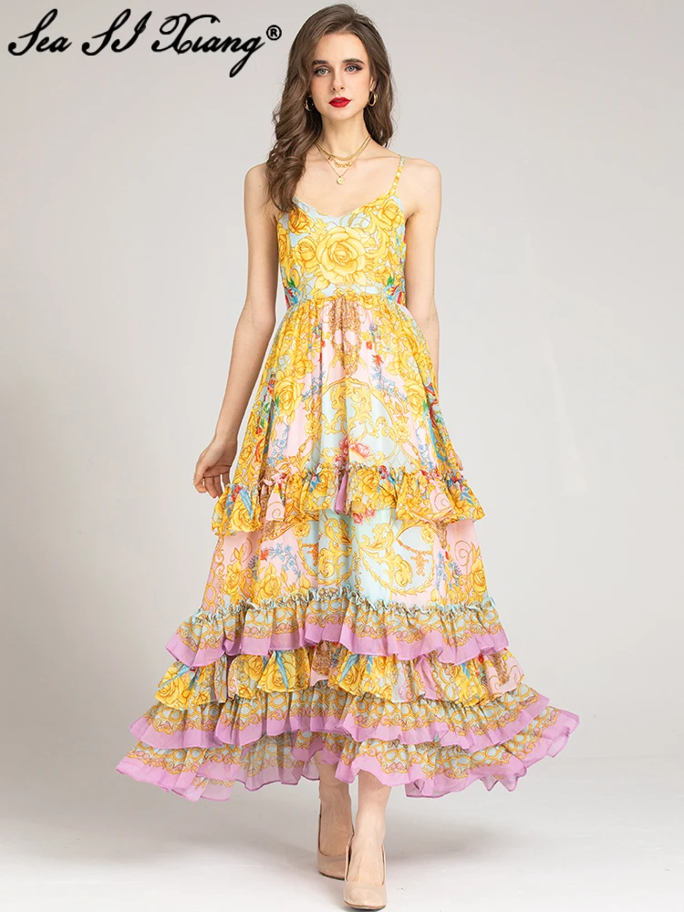 

Seasixiang Fashion Summer Maxi Dress Women V-Neck Sleeveless Flowers Print Cascading Ruffle Sexy Backless Bohemian Long Dresses