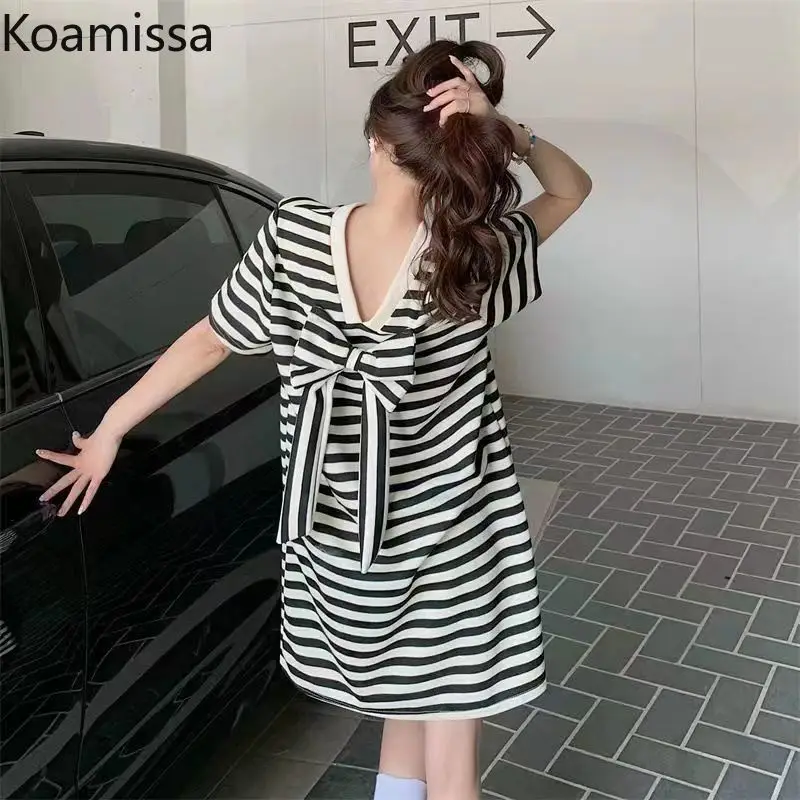 

Koamissa Fashion Women Striped Mini Dress Back Two Bow V-neck Loose Causal Female Summer Dresses All Mtach Straight Vestidos New