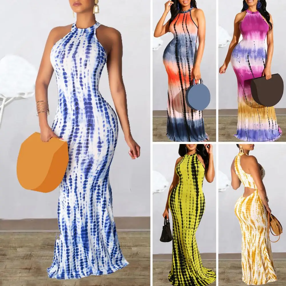 

Halter Sleeveless Back Hollow Women Dress Slim Fit Full Length Summer Tie-dye Print Beach Long Dress Beachwear