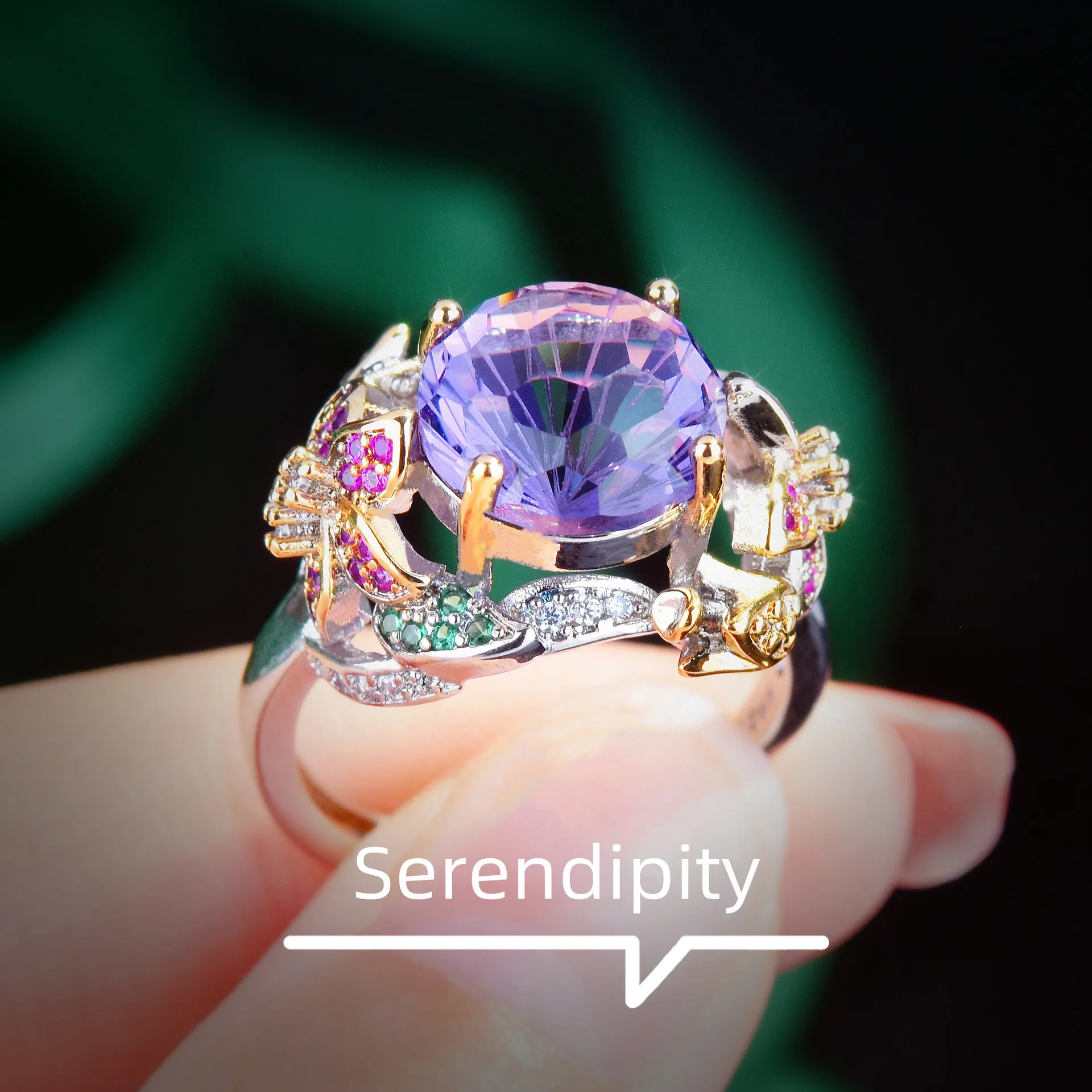

New Fashion Luxury Sapphire Purple Diamond Lady's Ring Two-tone Gold Set Zircon Colorful Flowers Valentine's Day Jewelry Gift