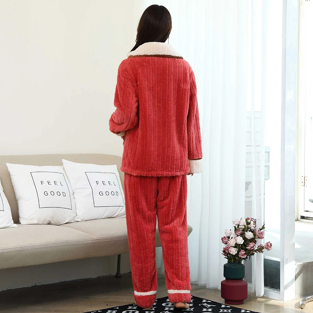 Flannel Pajamas 2 Piece Sets for Women Winter Thicken Pyjamas Sleepwear Homewear Long Sleeve Turn-down Collar Soft Warm Pijama