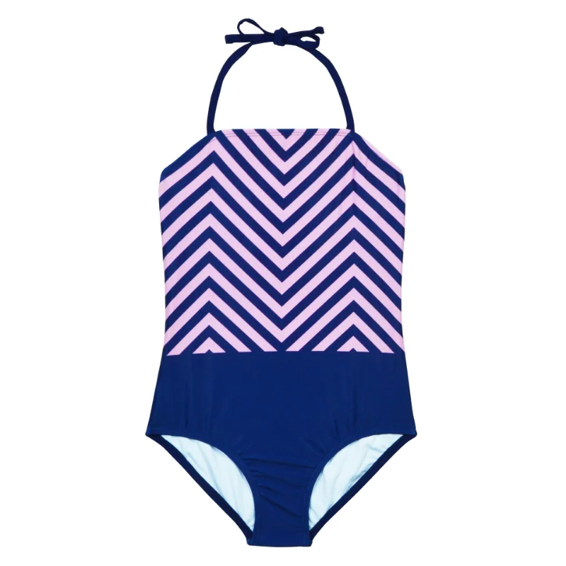 

Blue striped back pink bow girl's cute one-piece swimsuit